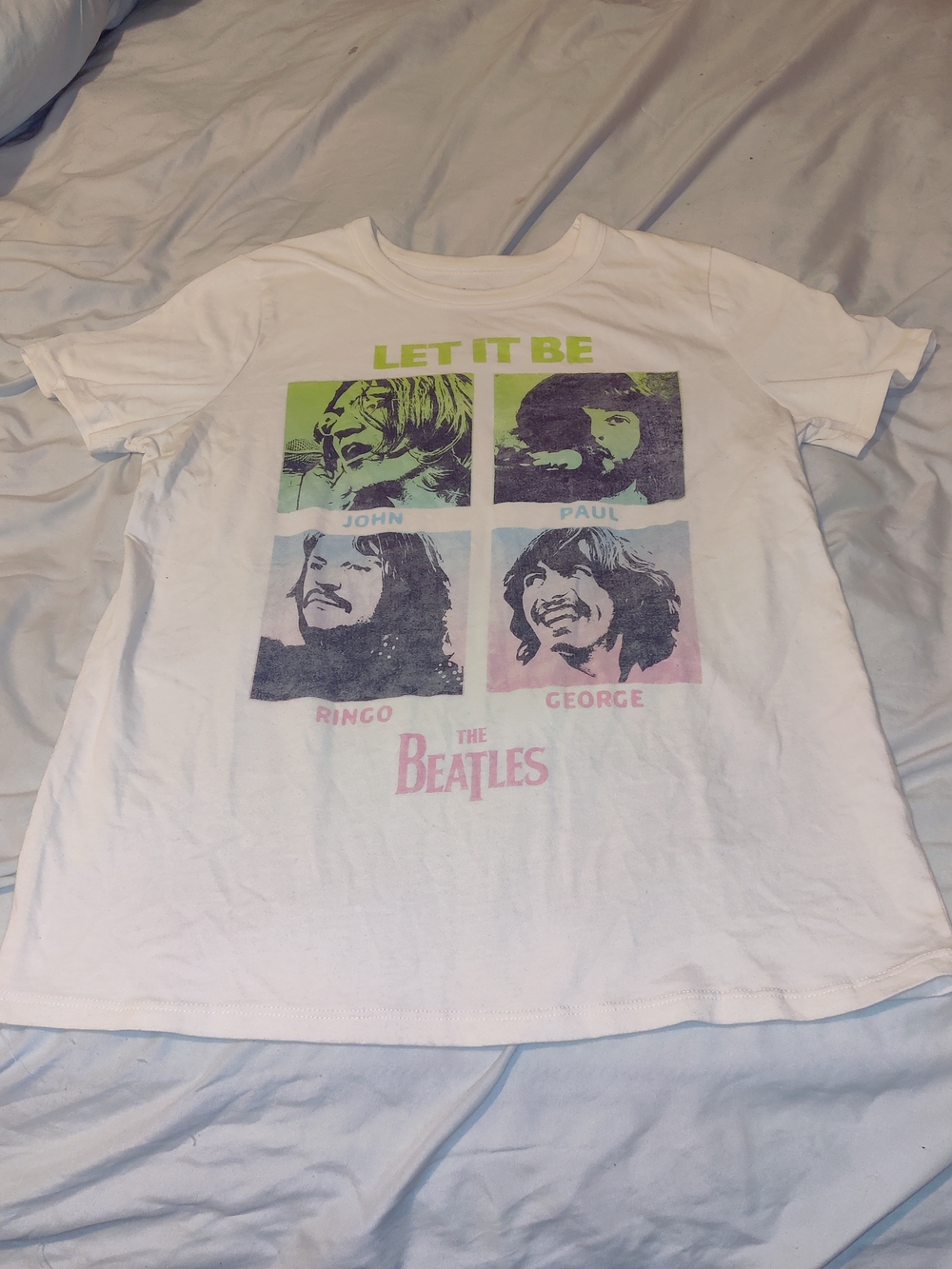 The Beatles White "Let It Be" Short Sleeve Tee with Multicolor Portraits